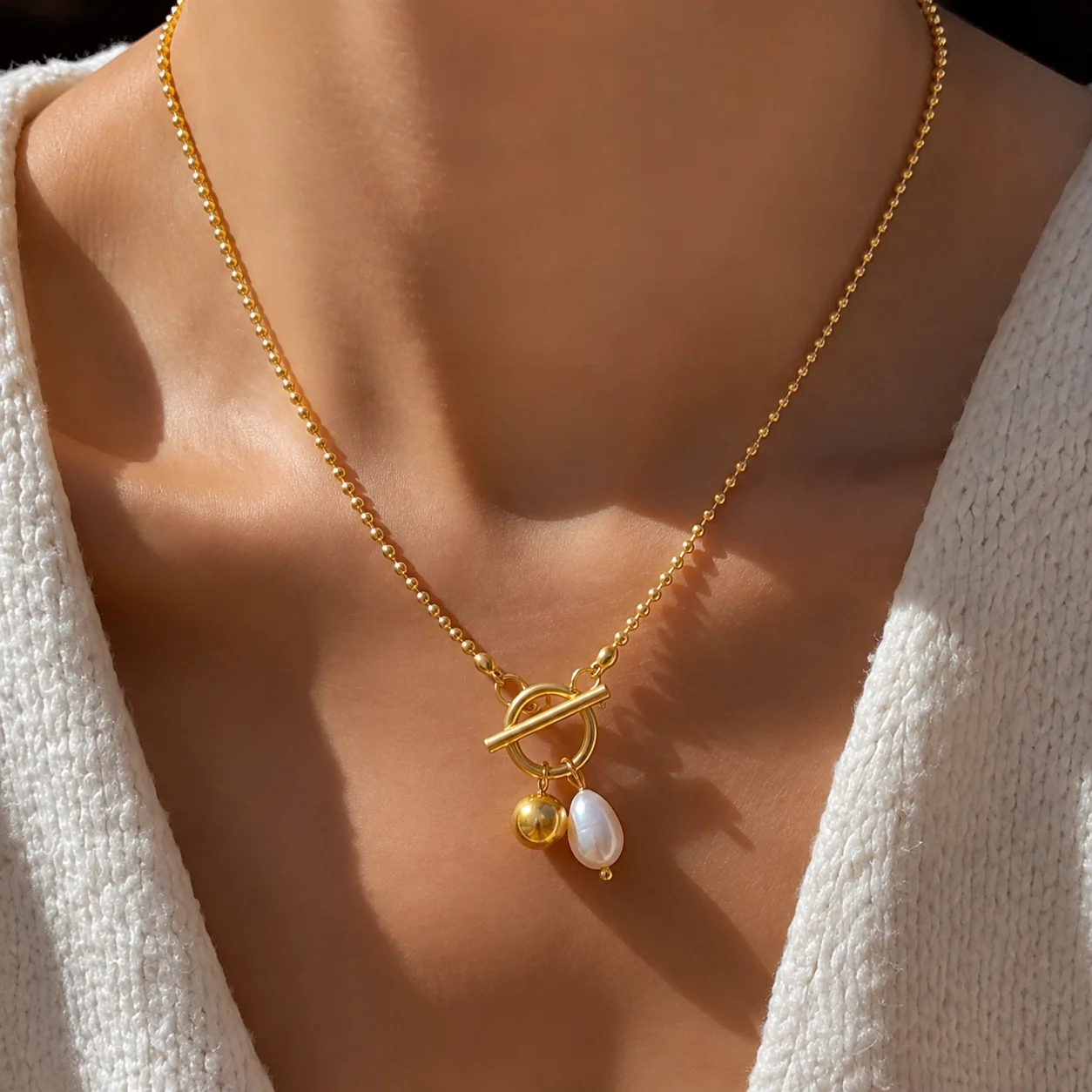 Edelstahl-Kugelkette mit Perlen, OT-Verschluss, goldene Kugelkette, Damenmode, Alltagsschmuck, Geschenk