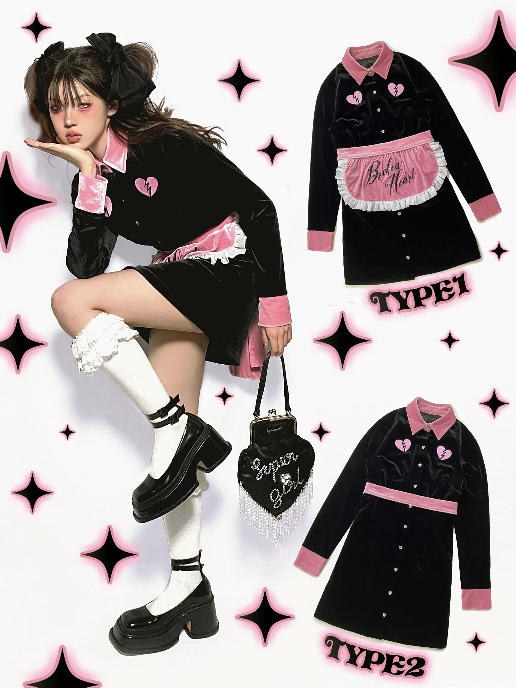 

Original EOH Velvet Apron Waist Belt Detachable Lace A-Line Uniform Skirt Sweet Spicy Black Pink College Style Neck High...