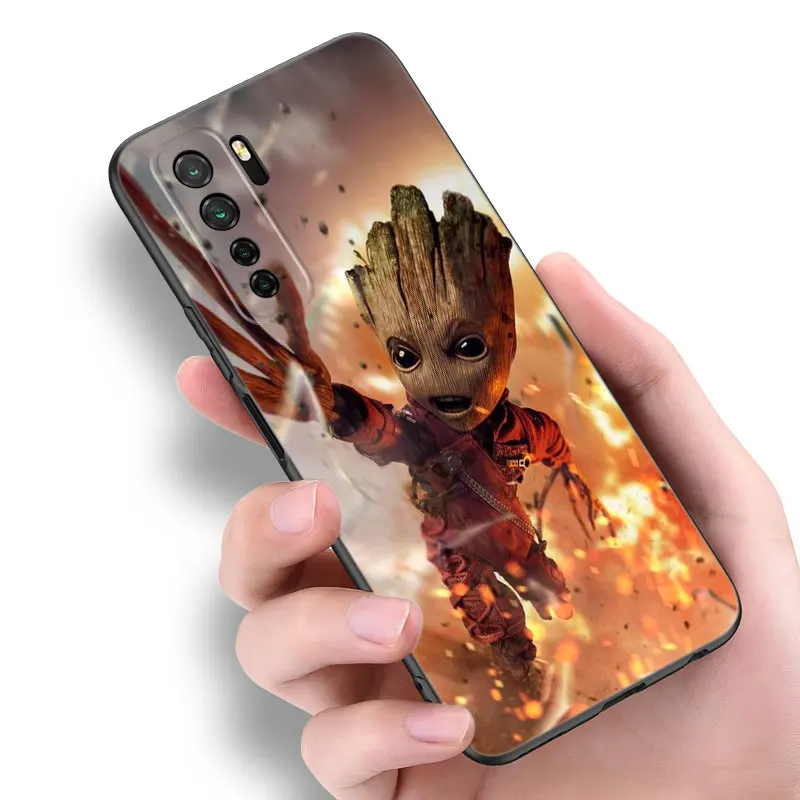 Cute Groot Rocket Black Silicone Phone Case For Huawei Nova 12 11 Ultra 10 9 SE Pro 12i 11i 11E Y60 Y61 Y70 Plus Y71 Y72 Y90 Y91