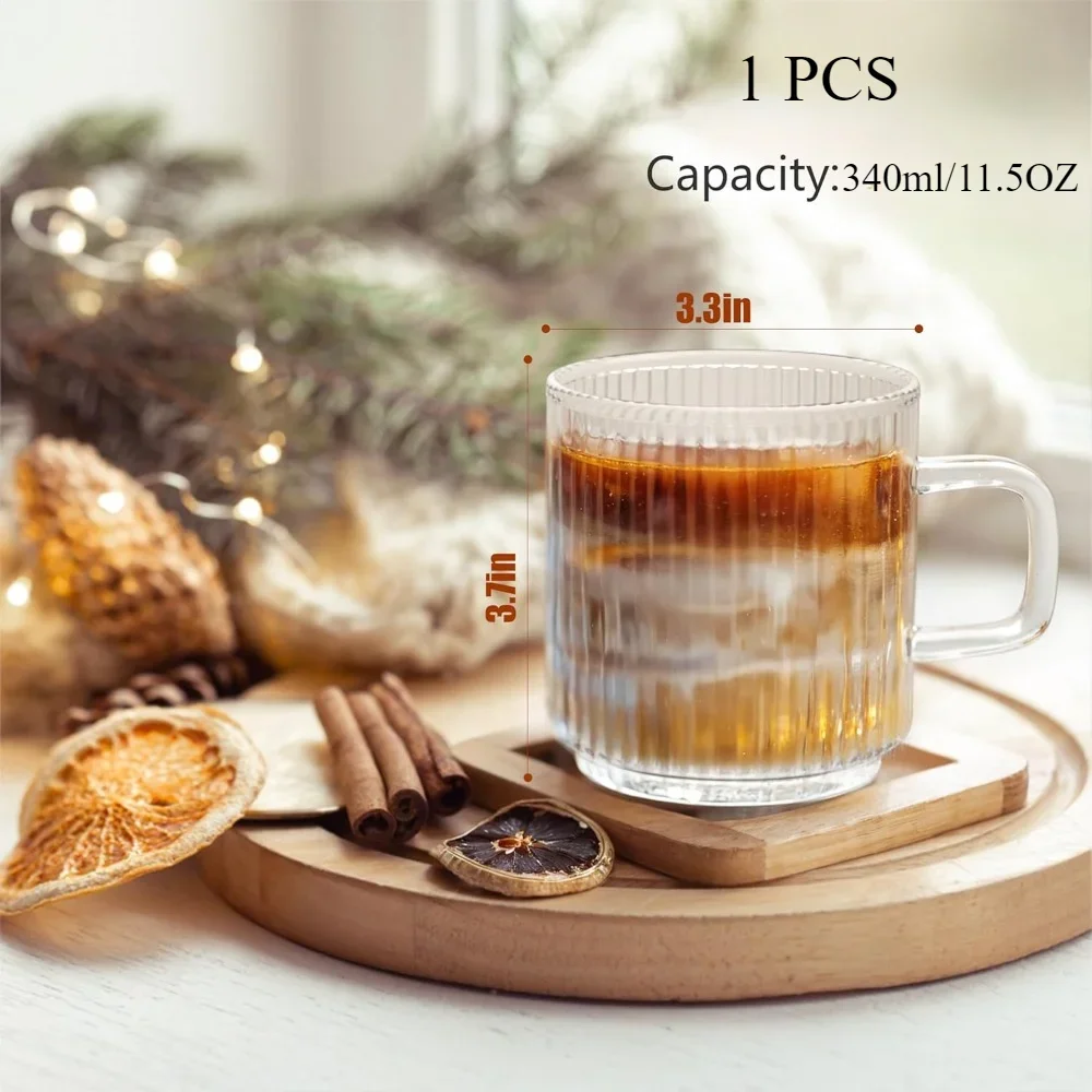 1pc 340ml Glass Coffee Mugs Vertical Striped Glass Cup with Handle Versatile Glassware for Iced Coffee Cups Juice Tea Drinkware