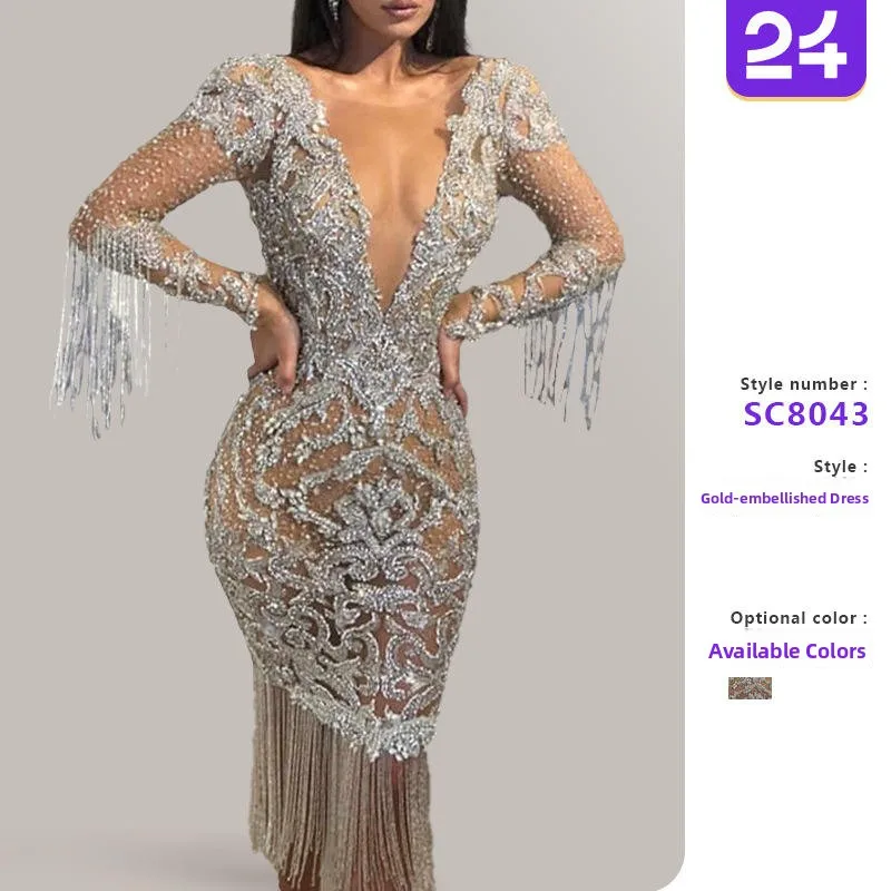 

Женское платье из полиэстера со средней талией и глубоким V-образным вырезом Long Sve Golden Sprinkled Dr Faion 202, вечернее платье