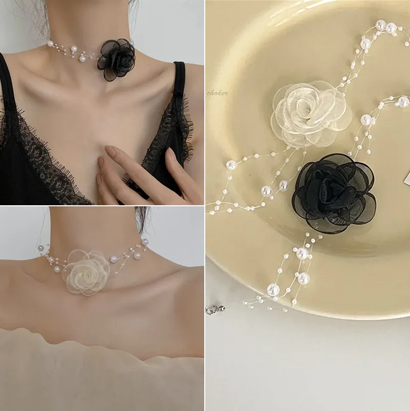 Beautiful Lace Flower Choker Necklaces Simulated Pearl Chain Elegant Camellia Necklaces Women Fashion Jewelry