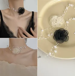 Beautiful Lace Flower Choker Necklaces Simulated Pearl Chain Elegant Camellia Necklaces Women Fashion Jewelry