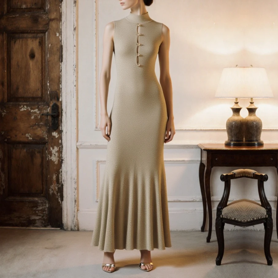 

【Gift Free】2025 Autumn Winter Luxury French High-Neck Sleeveless Lurex Knit Elegant Long Dress Women