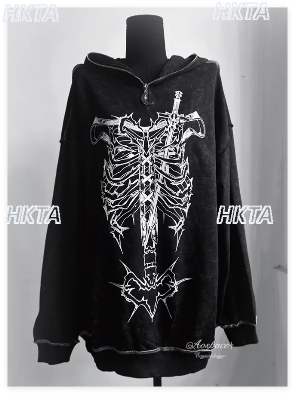 

Original Subculture Gothic Dark Rib Print Tie-dye Hoodie Jacket Women Spring New Distressed Hooded Sweatshirt Coat Y2k Street