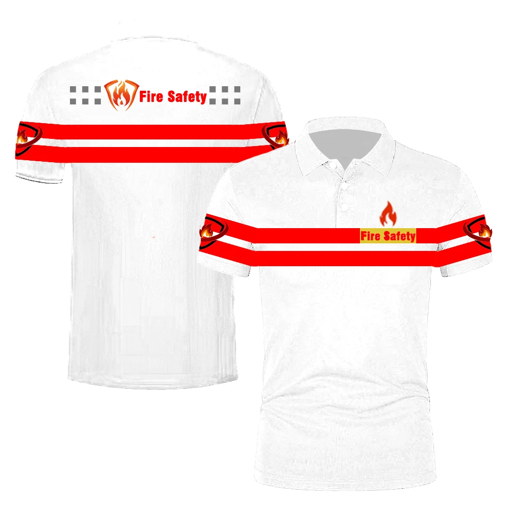 

Fire Safety Polo Shirt – Stripes & Flame Logo, Professional Work Tee for Firefighters & Workplace Safety Awareness
