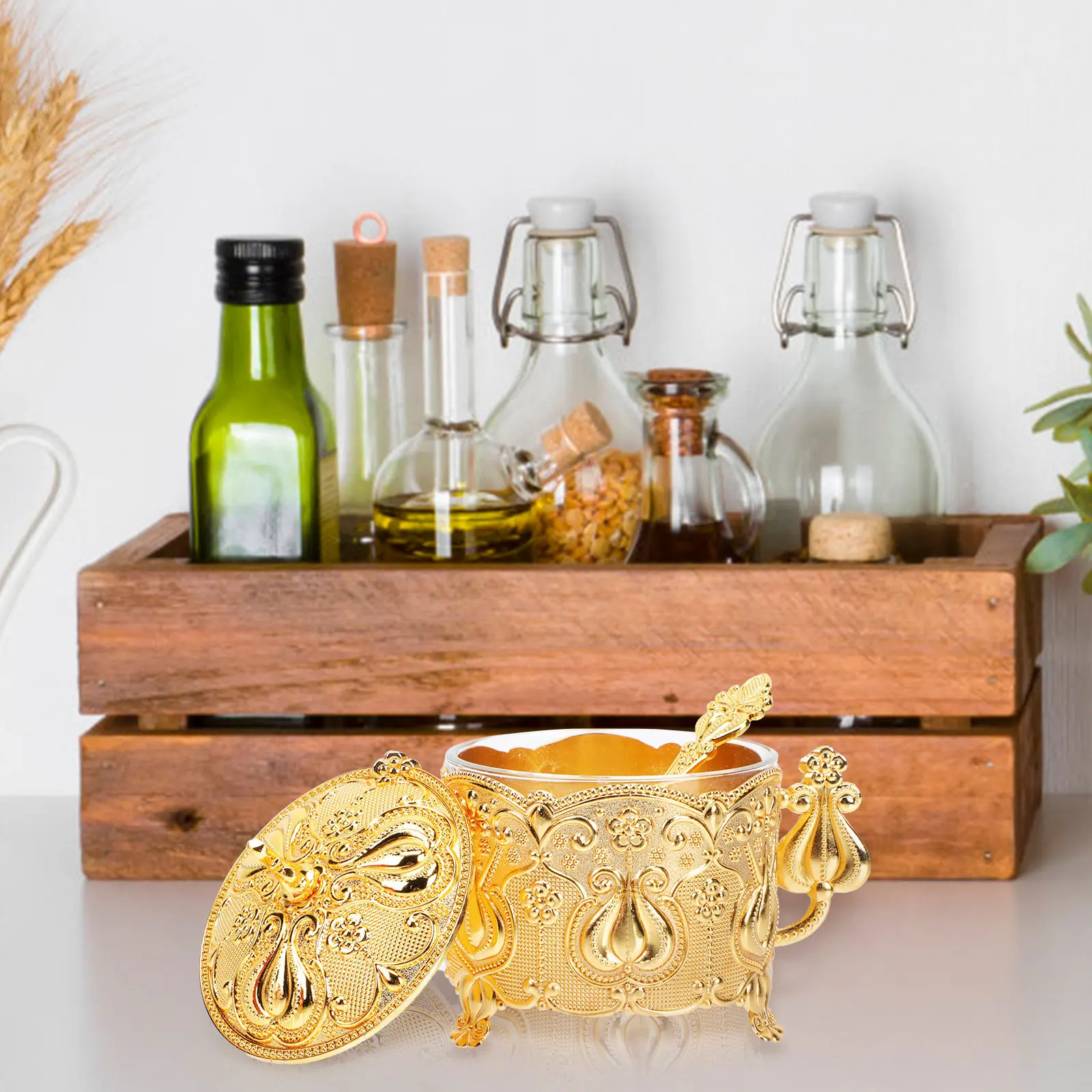 1 Juego de Recipientes de Metal para Azúcar con Cuchara, Estilo Europeo, Elegante Tarro para Condimentos para el Hogar, Restaurante, Cocina, Azucarero de Lujo