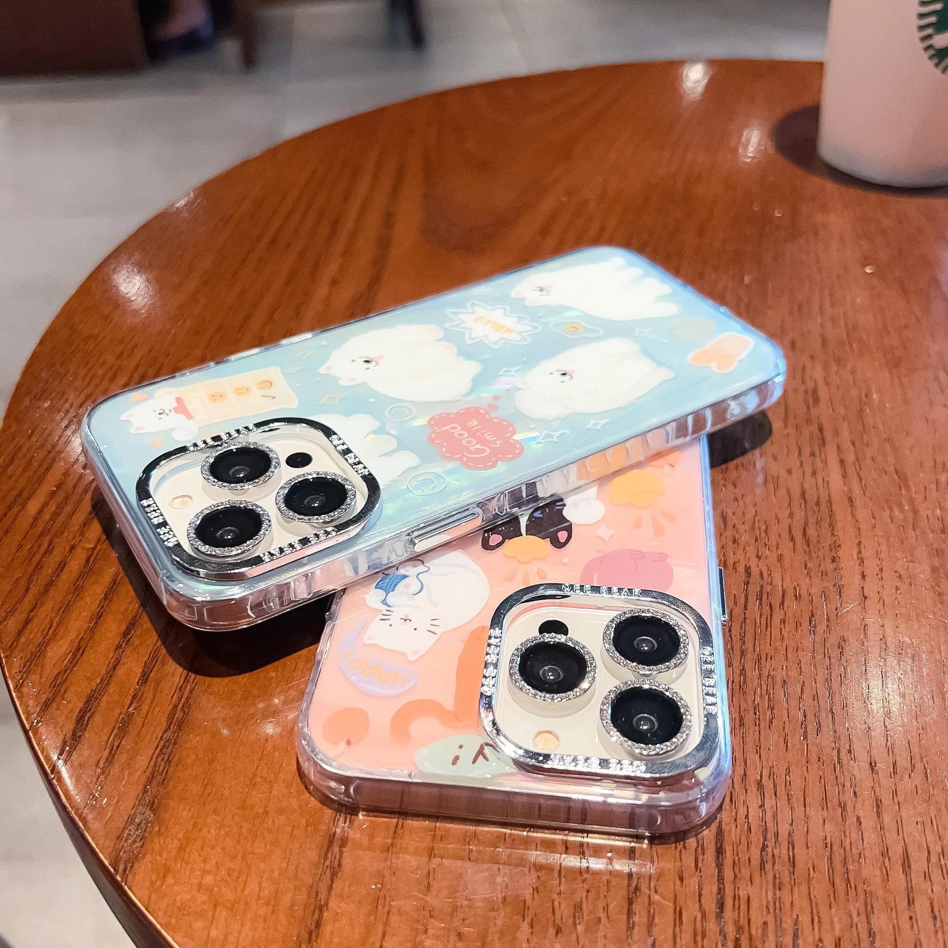 Good Luck Cat and Samoye Phone Case Suitable for iPhone 11 12 13 14 15 Pro Max Comes with Diamond Lens Film Protector Cover