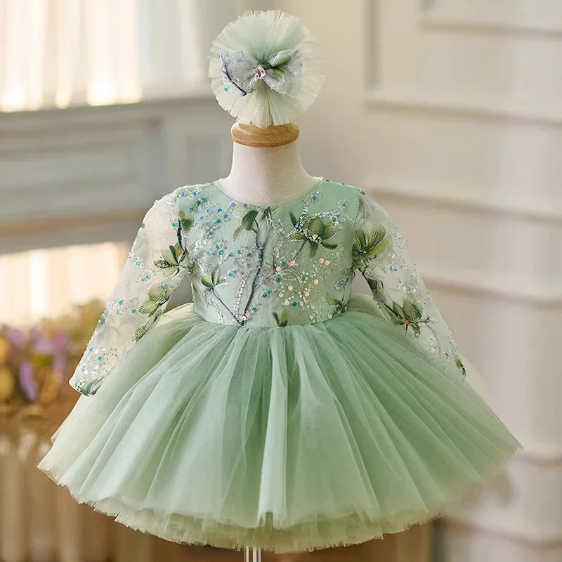 

2025 New Girls Dress Spring Princess Dress Green Piano Performance Gown 2-10 Years Kids Clothes Birthday Party Vestidos Clothes