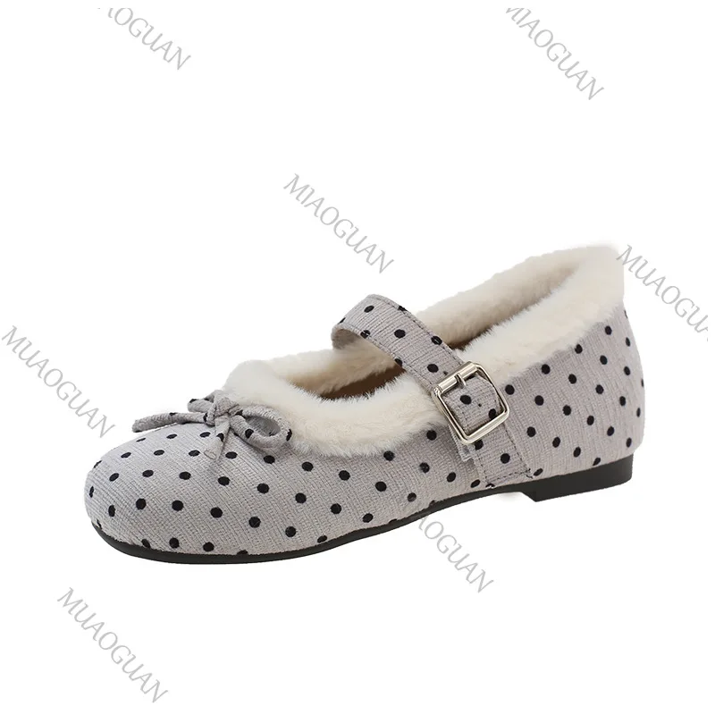 Elegant Polka Dot Plush Ballet Flats Winter Warm Women Retro Buckles Straps Lightweight Mary Jane Shoes Soft Sole Cotton Loafers - view 6