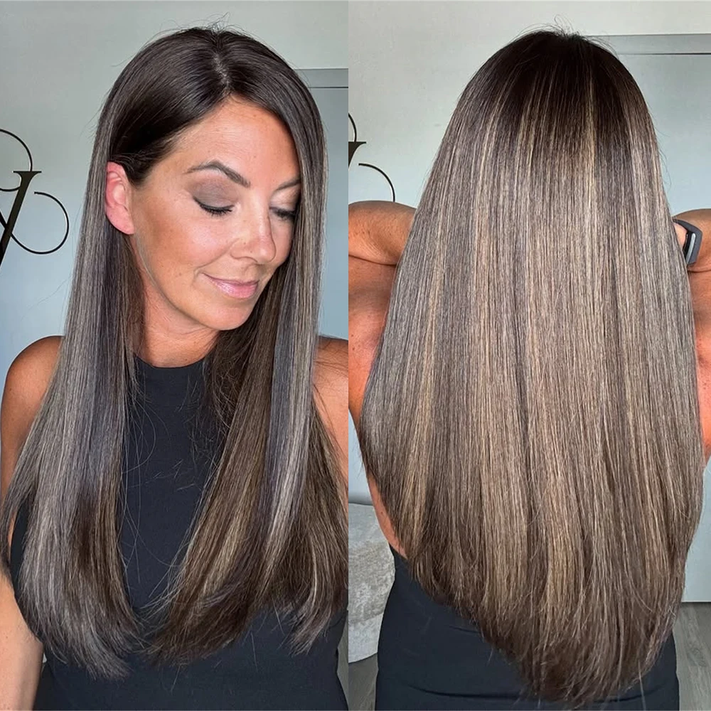 

Long Soft Straight Wig Heat Resistant Synthetic Lace Front Wig for Women Free Part Dark Chestnut Brown Daily Party Cosplay Use