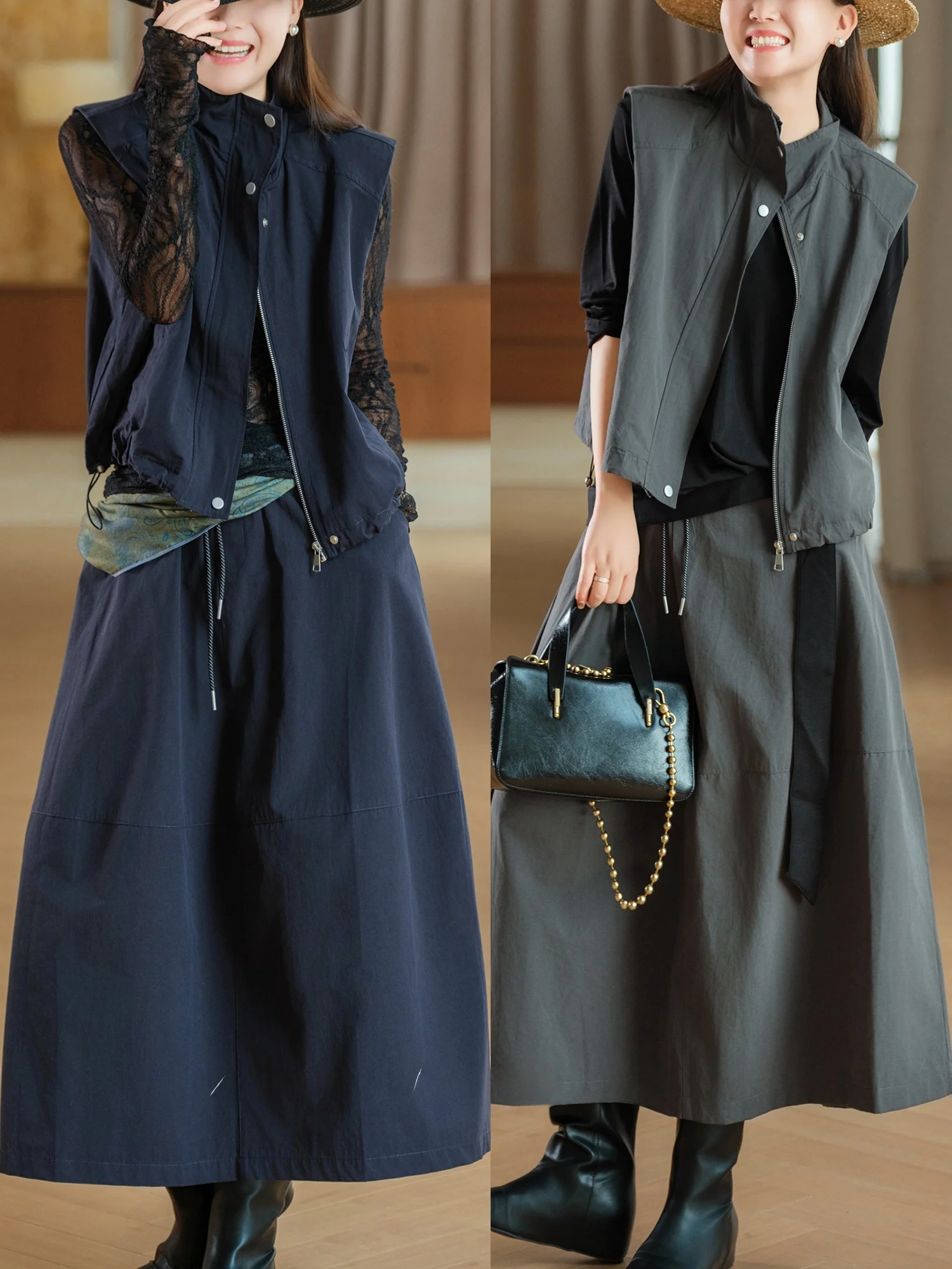 Functional Style Cotton Blend Vest And Skirt Set Loose Fit Stand Collar Half Body Skirt for Women by Xiao Er Production