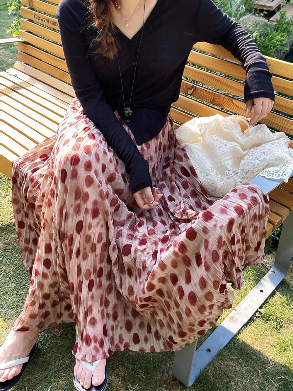 Women's Summer Lightweight Casual A-Line Skirt Pink Polka Dot Print Elastic Waist Full Skirt Design Pleated Ankel-length Skirt