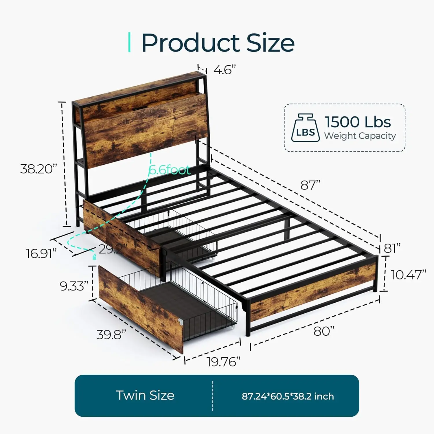 Twin Bed Frames with Ergonomic Headboard & Lights, Twin Size Bed Frame with 2 Drawers & Charger, Kids Bed Frame with