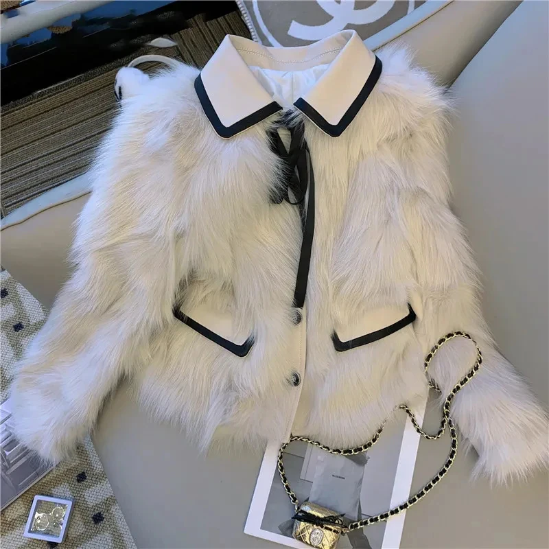 Fashion Faux Fox Fur Women Coat Y2K Korean Chic Patchwork Single Breasted Crop Jacket Winter Warm Elegant Bow Fluffy Outerwear