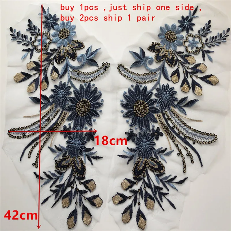 1Ps 3d Blue Patch Sequin Flower Embroidery Applique Mesh Fabric Sew Clothing Wedding Dress Jean Accessroy Diy Crafts Lace Patch