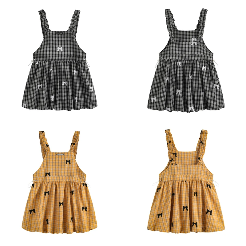 Pastoral style Striped Plaid Bowknot Printed Women's Tight Waist Dresses Summer Strappy Short Dresses Yellow Black clothes