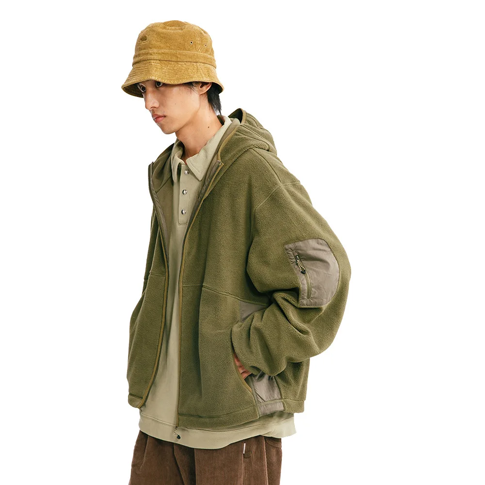 

Polar Fleece Sweatshirt Men's Autumn and Winter Cotton Jacket Outdoor Solid Color Loose Hooded Turtleneck Lambswool Coat