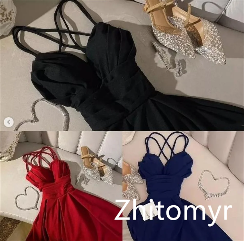 Ball Simple Sexy Spaghetti Strap A-line Cocktail Dresses Shirred Skirts Satin Prom فساتين سهرة فخمه 2023 مناسبة حسب ال