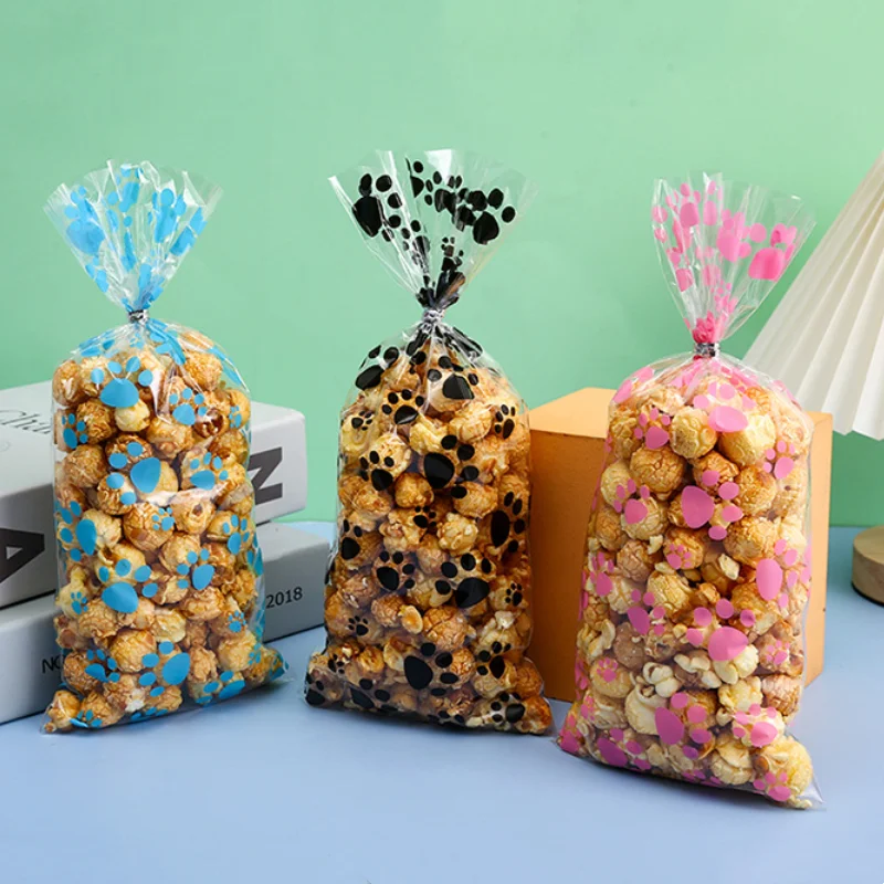 Bolsa de plástico para dulces y galletas de chocolate, 10 piezas, bonitas huellas de perro, bolsa de regalo transparente, suministros para fiestas de cumpleaños