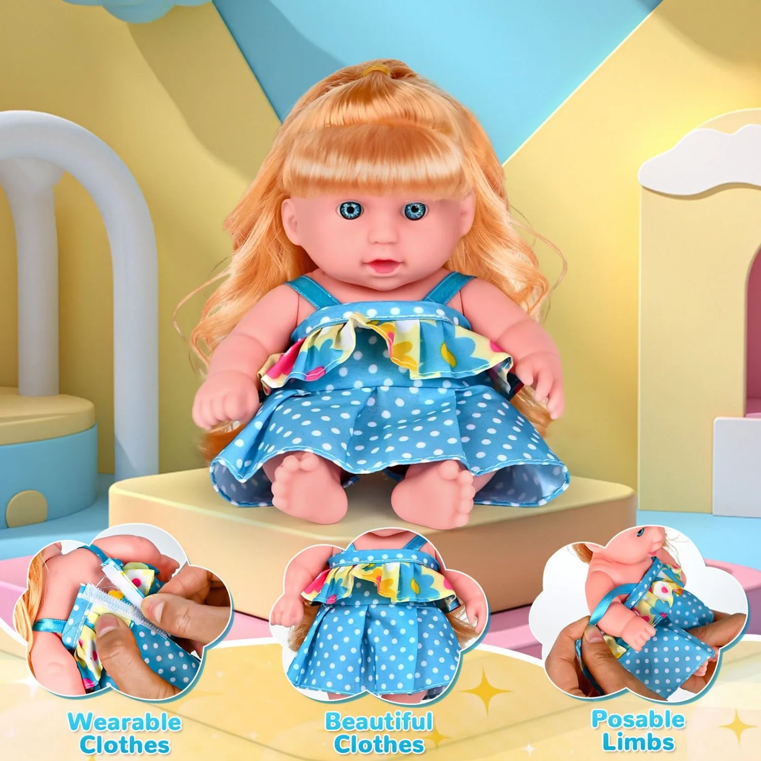 

Golden Haired Princess Doll | Polka Dot Skirt & Flower Top | Soft Rubber Skin-Friendly Baby Doll for Family Play & Role-Play (Ch