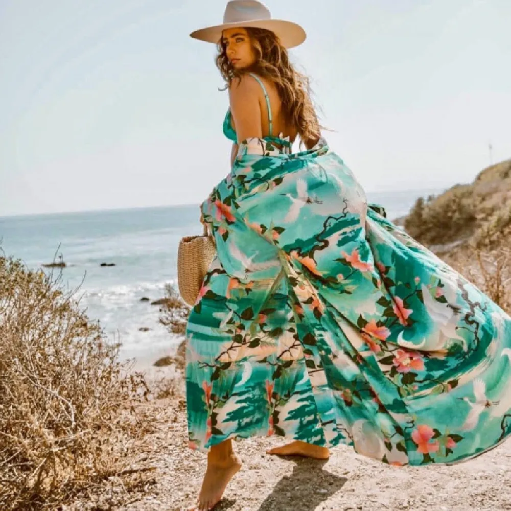 

2023 Green Bohemian Printed Self Belted Front Open Summer Beach Wear Bikini Wrap Dress Plus Size Women Beachwear Sarongs Q734