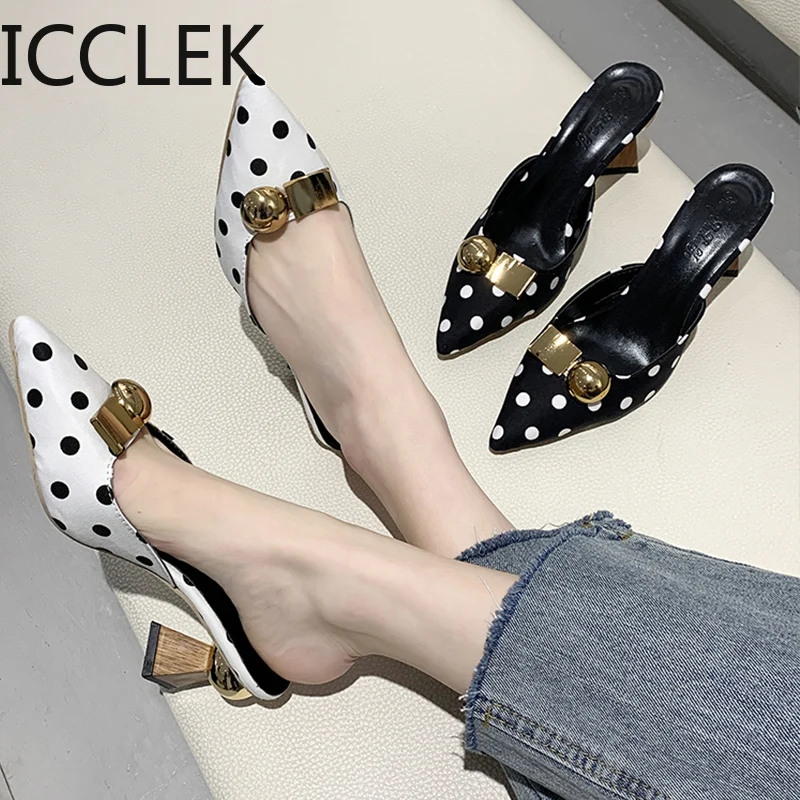 2020 Autumn Chic Dot High Heels Women Slippers  Metal  Buckle Black White Dots Pointed Toe Ladies Elegant Ladies Pumps Shoes