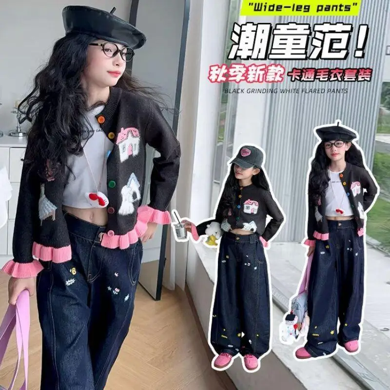 

Kawaii Girl Fashion Round Neck Knitwear Jeans Set Student Spring Autumn Cartoon Casual Tops Pants 2-Piece Set Children Clothing