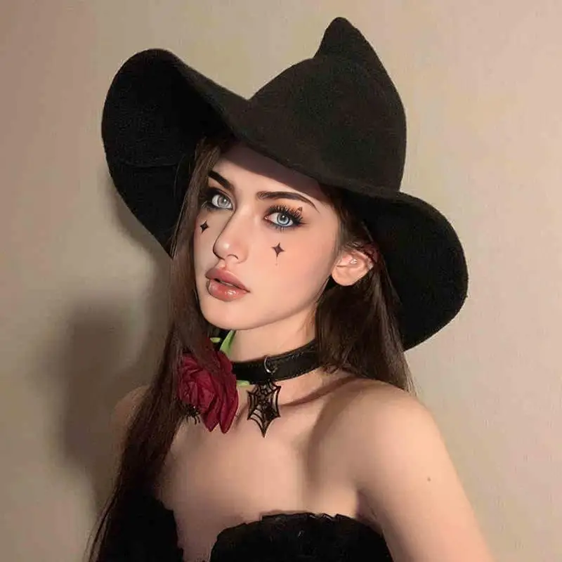Halloween-Hexenmütze aus Strick, spitze Form, Baumwollgarn, Cosplay-Kostümzubehör, faltbarer Zaubererhut für Mädchen. – Detail 6