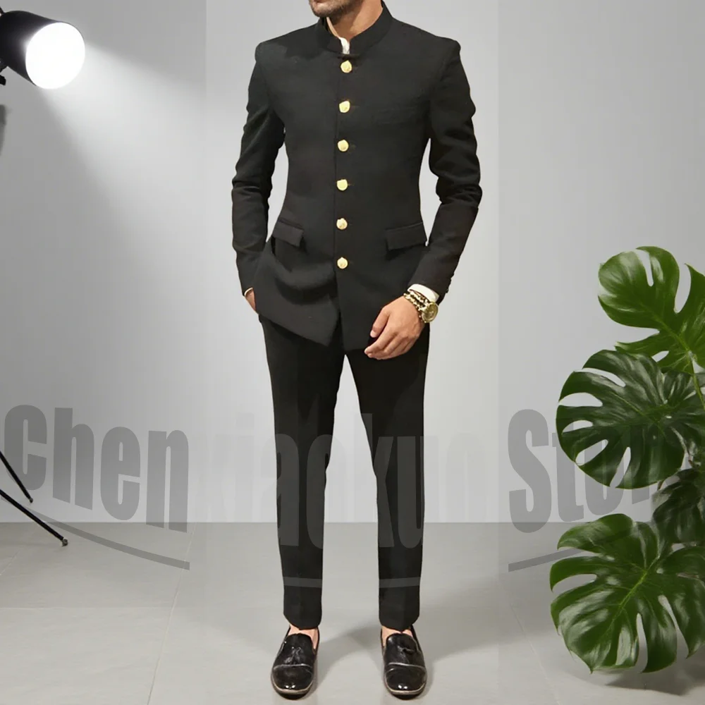Chic Men Suits Fashion Mandarin Collar Single Breasted Blazer Sets 2 Piece Slim Business Casual Formal Wedding Party Suit - Image 2
