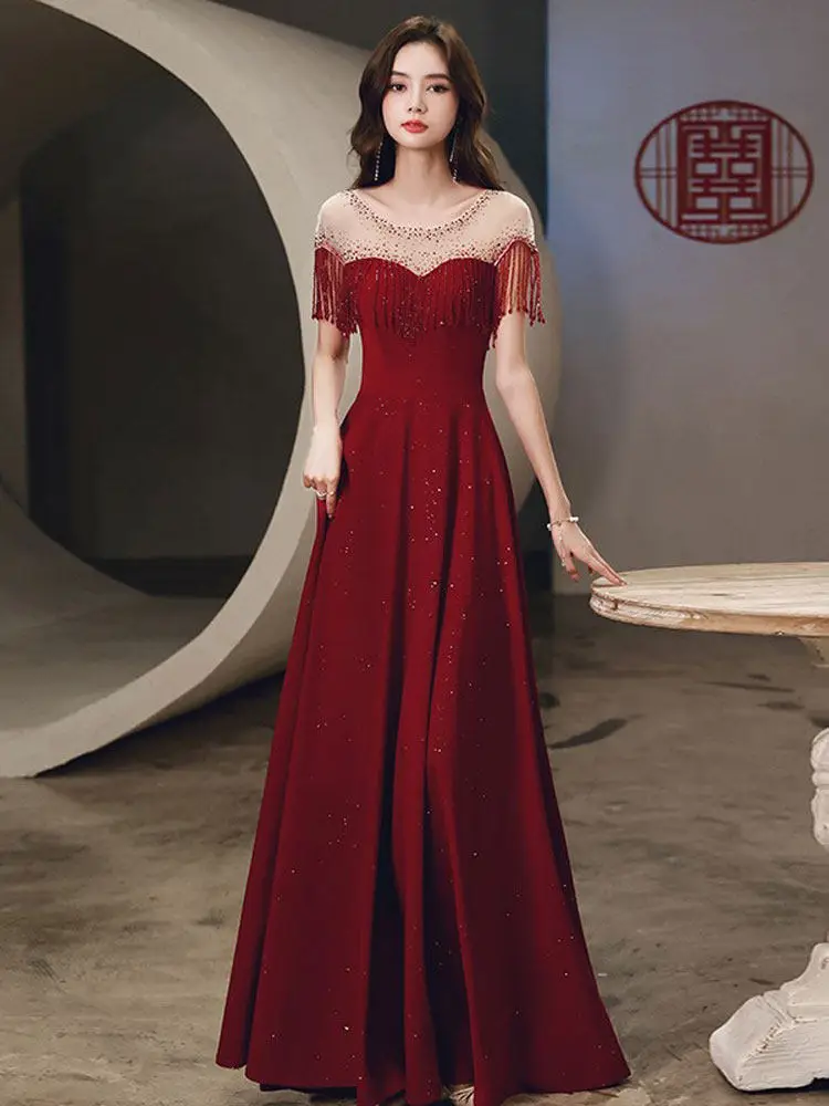 

Wine Red Evening Dress for Women 2026 New Sequined Tassel A-Line Prom Gowns Elegant Round Collar Performance Dresses