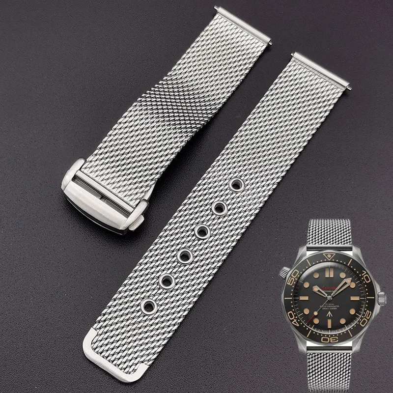 20mm 22mm solid Stainless Steel Mesh Milanese Watch strap for Omega Seamaster 007 Watchband Quality Metal steel  Folding buckle