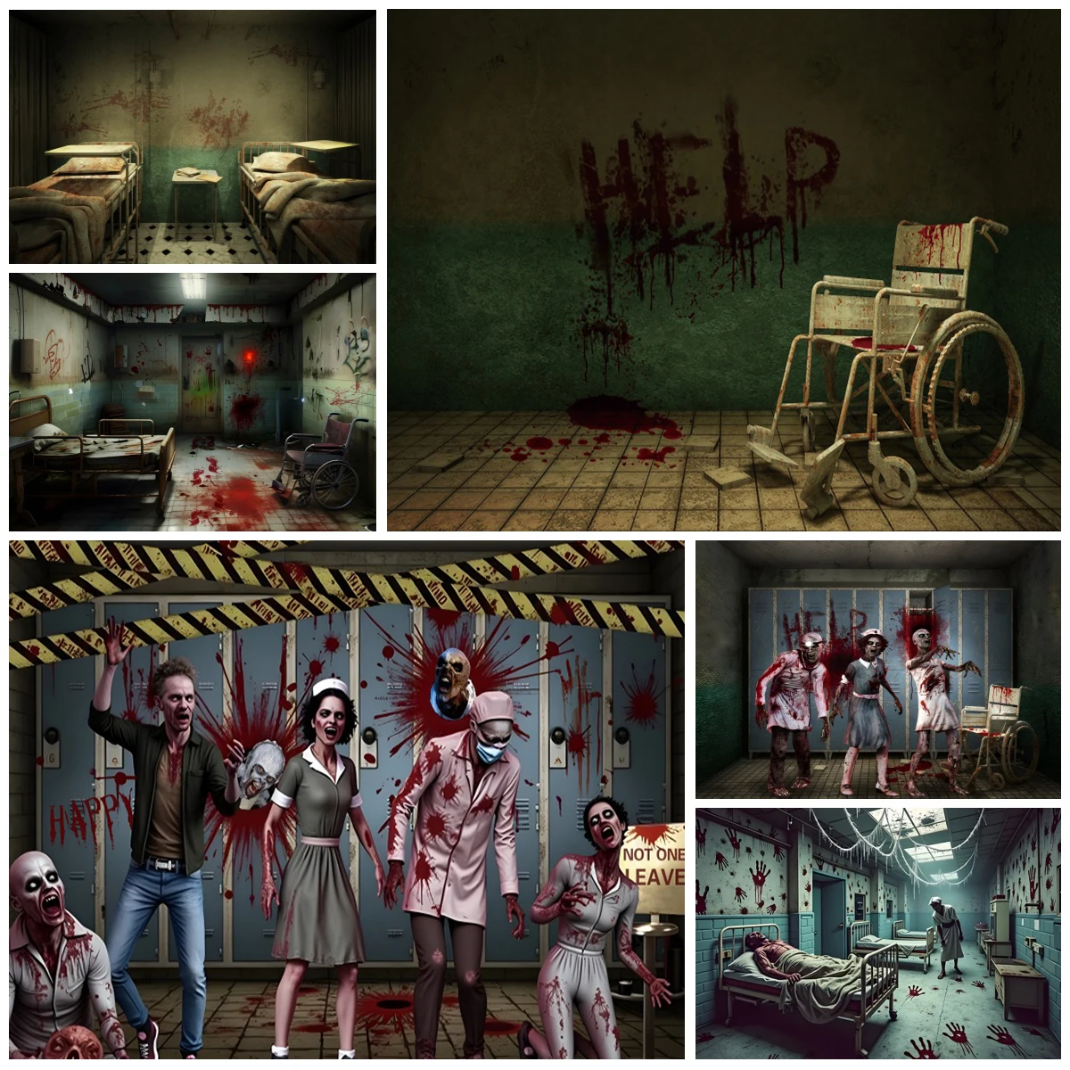 

Haunted Hospital Halloween Decoration Backdrop Abandoned Ward Zombie Patient Horror Photography Background for Scary Party Decor