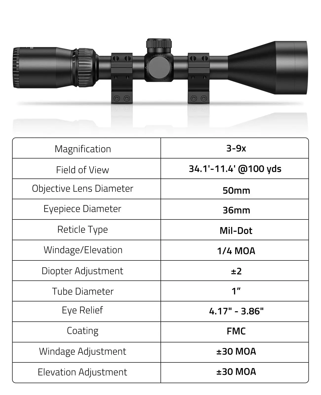 Riflescope 3-9X50 Mil-Dot Reticle Optics Objective Lens Diameter 50MM with 20mm Scope Rings Fully Multi-Coated