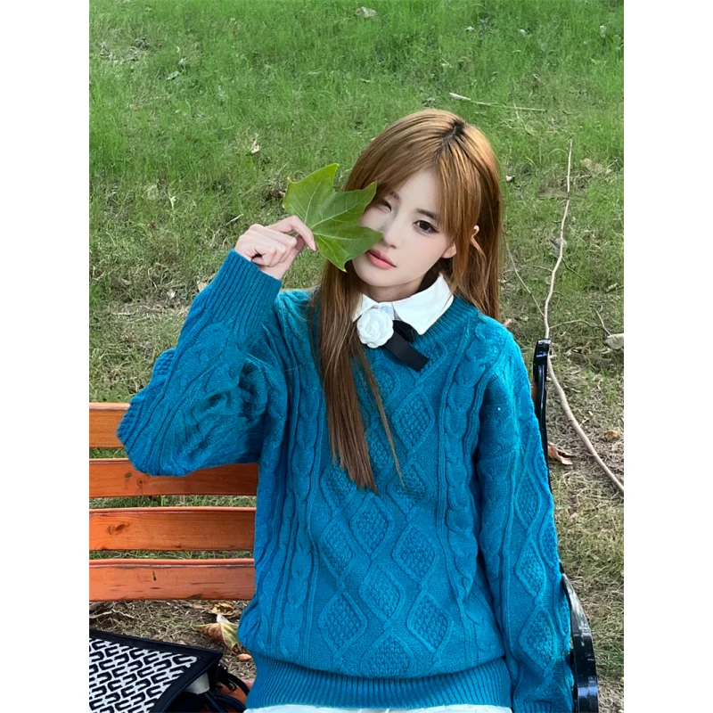 

Women Clothing Vintage Knitting Sweater Blue Long Sleeve Casual Korean Fashion Simplicity Baggy Female 2023 Winter Solid Tops