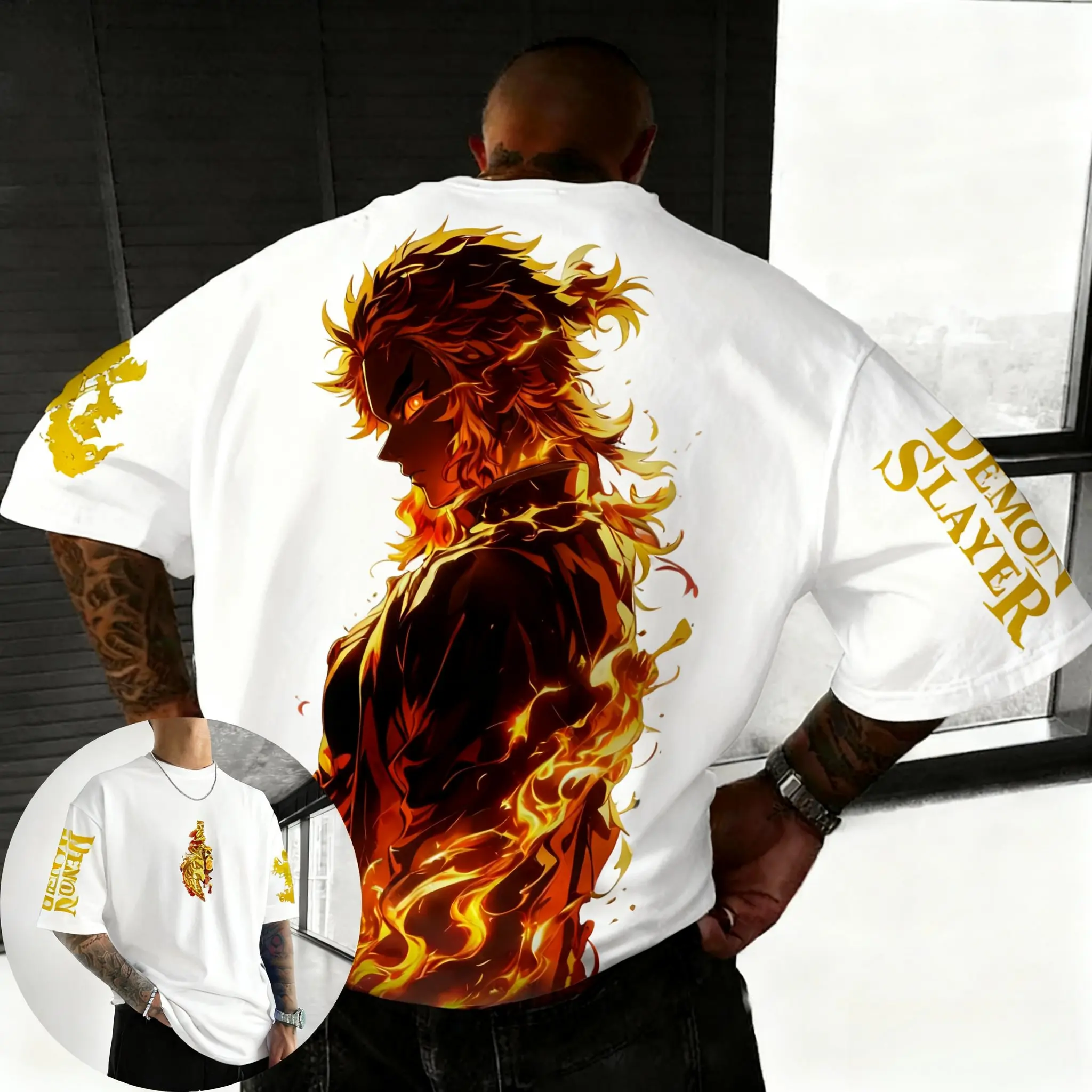 2026 New Demon Slayer Men's T-shirt Summer New Rengoku Kyoujurou Anime Print Harajuku Casual Short Sleeved Tee Top Y2k Clothes