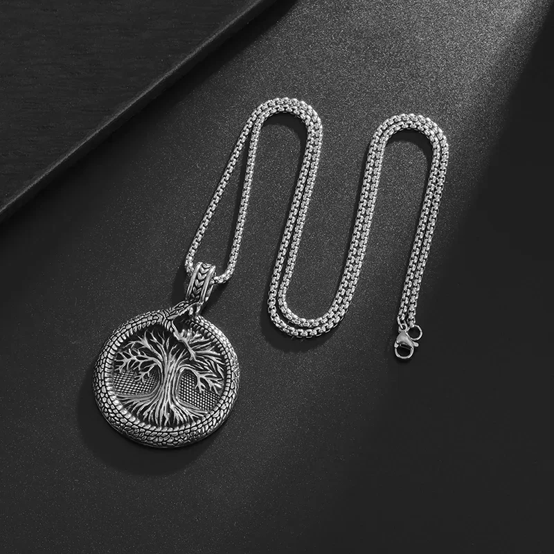 Retro Domineering Ouroboros Wrapped Around The Tree of Life Pendant Necklace Men\'s Personalized Punk Cool Casual Jewelry Gift