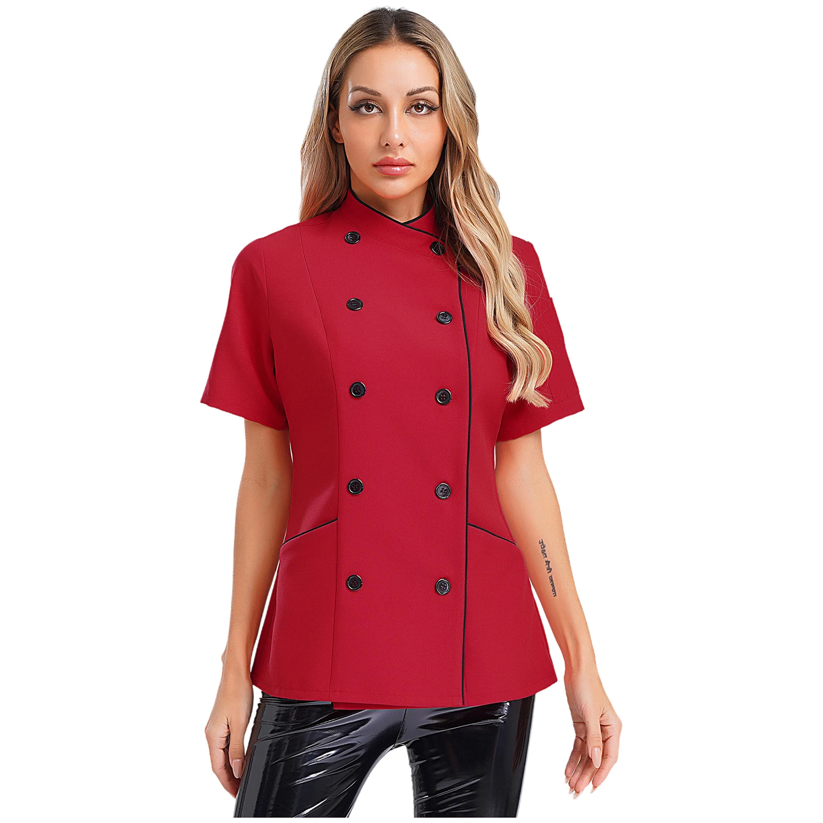 Women Short Sleeve  Chef Jacket Tops Stand Collar Stylish Printed Cooking Shirts Coat for Kitchen Restaurant Hotel Cook Uniforms