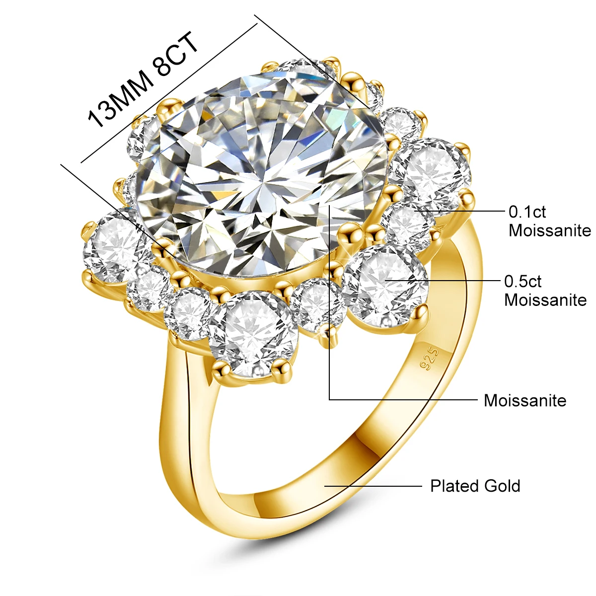 Massiver Rundschliff 13mm 8ct Moissanit-Ring mit Zertifizierung Luxus-Hochzeitsschmuck für Frauen Verlobungsgeschenk Testbestanden – Detail 1