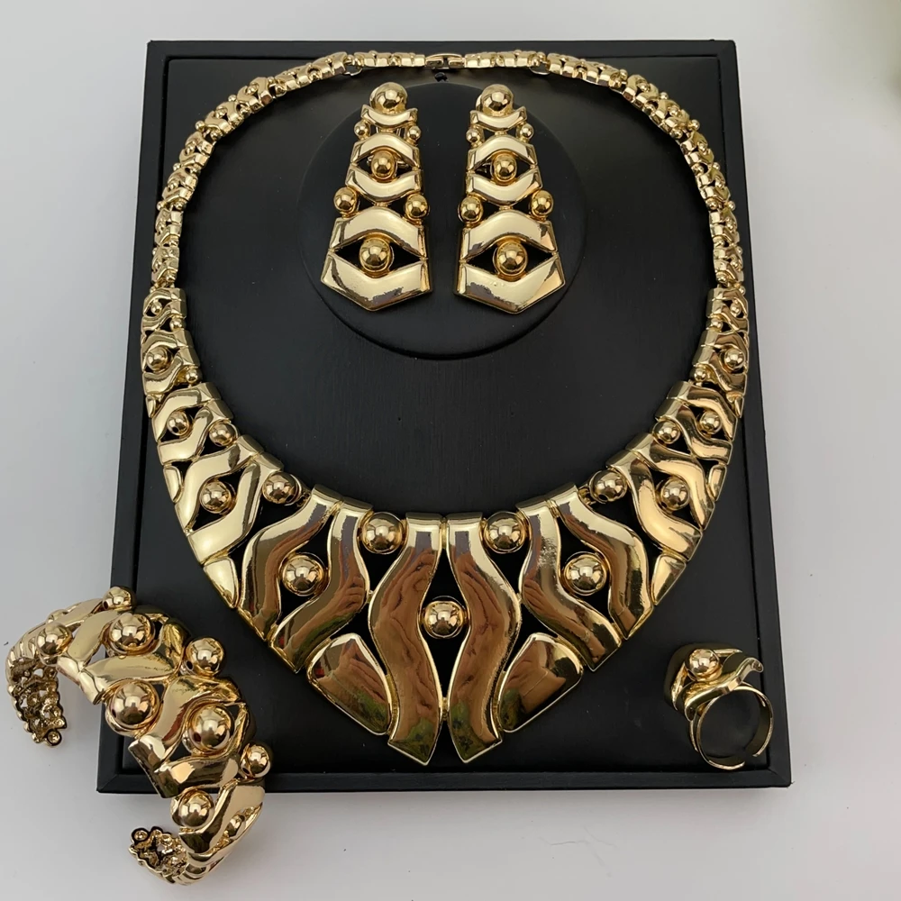 

EMMA Hot Sale Fashion Woman Jewelry Set 2026 New Design Gold-color African Necklace Bracelet Ring Earrings Set FHK29322