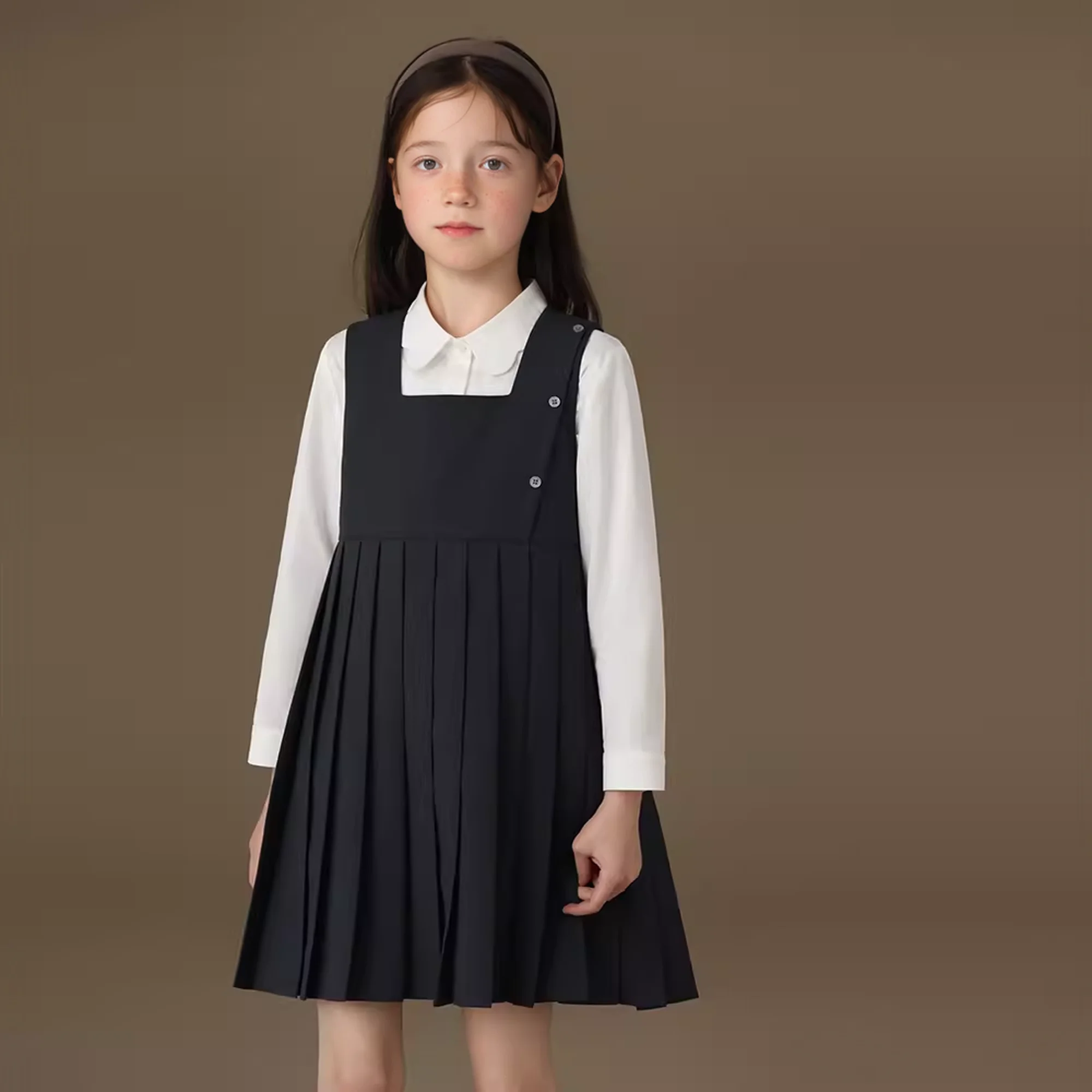 Vêtements gris foncé pour filles, printemps et été, robe d'été, style collège, col carré, fibré, robe d'anniversaire plissée, 2024