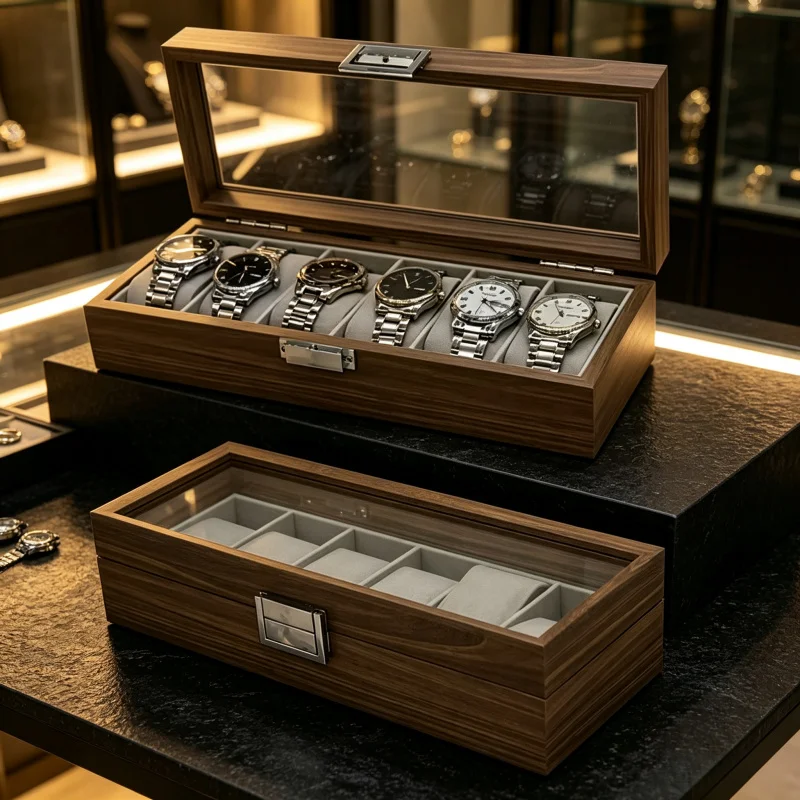 Boîte de rangement et de présentation pour 6 montres en bois de noyer noir, étui d'emballage pour homme et femme, cadeau, vitrine pour la maison