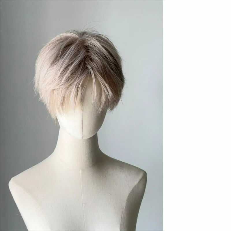Unisex Short Wig For Cosplay Costumes Synthetic Fiber Wig With Bangs Halloween Party Anime Wig Blonde Grey Black Three Colors view 3