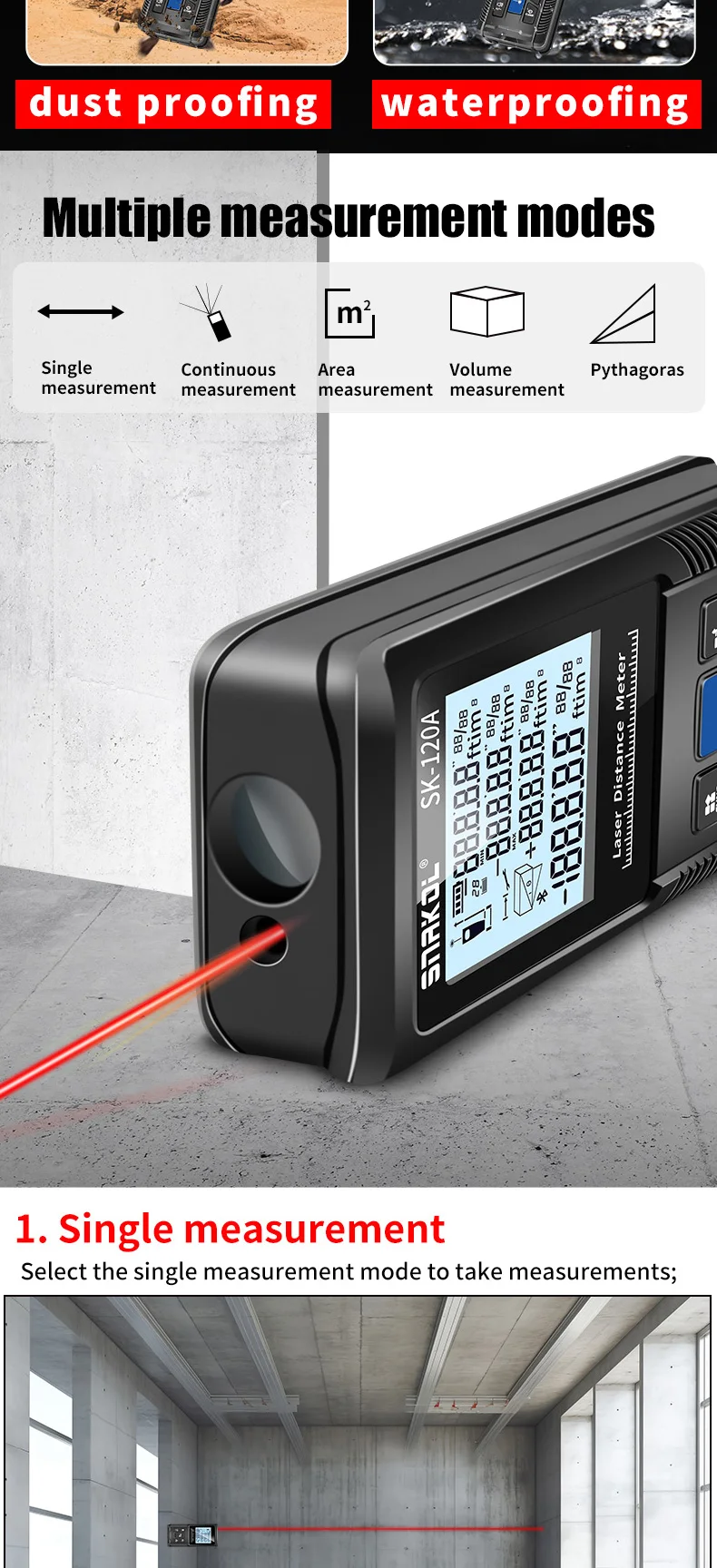 SNAKOL 3-in-1 Laser-Entfernungsmesser mit Maßband: 40/50/70/100/120m Digitaler Distanzmesser, Tragbares Elektronisches Messwerkzeug – Detail 4