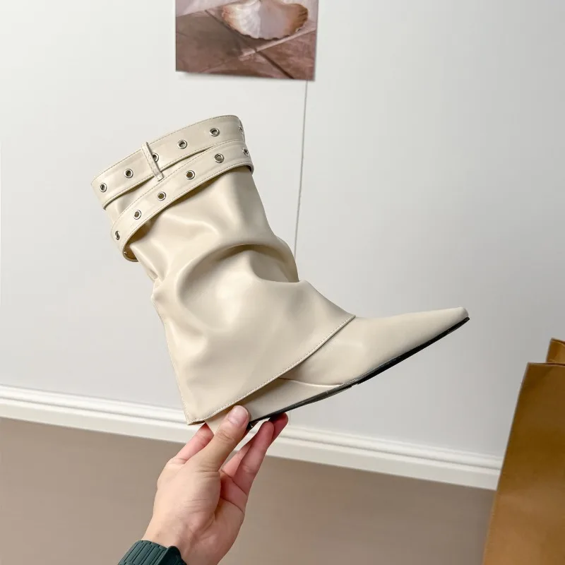 Women’s Punk Rock Mid-Calf Boots Soft Leather Pointed Toe Slouchy Boots with Double Buckles & Metal Studs, Streetwear Footwear