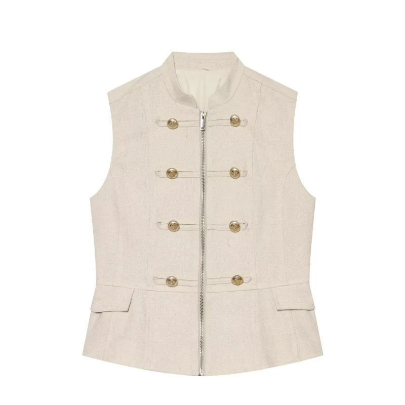 2026 Summer Women Military Style Sleeveless Tailored Waistcoat With Gold Buttons Elegant Slim Fit Office Lady Vest Top