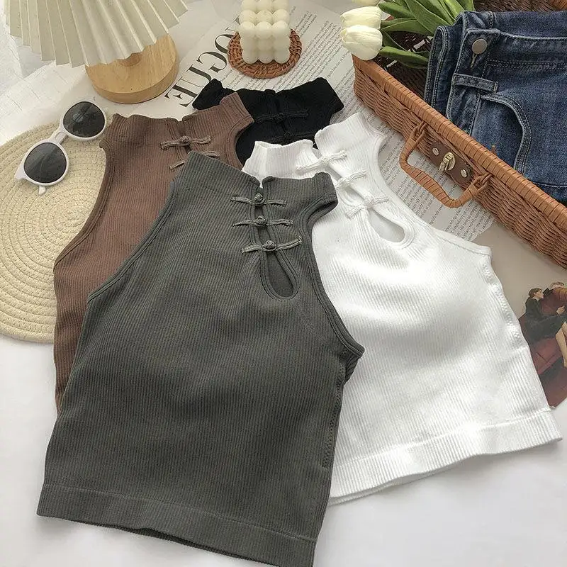 

Women Elastic Slim Chinese Button Tank Top with Bra Pad O-Neck Sleeveless Off Shoulder Camis Solid Sexy Crop Top All-Match