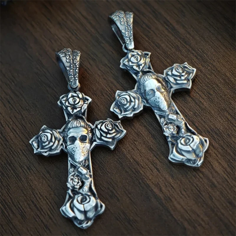 Do Old Style Silver Color Rose Cross Mask Skull NECKLACE PENDANT Men's  Motor Biker Rock Hip Hop Necklace Jewelry Accessories