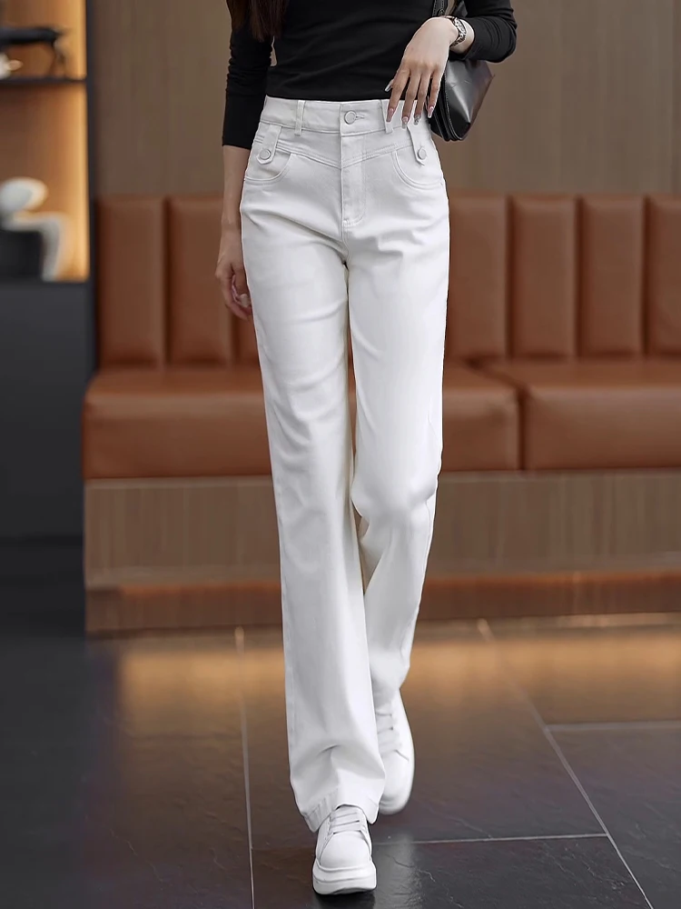 

Slim Wide Leg Denim Pants High Waist Casual Straight Cut Women's Spring Autumn New Style Loose Fit Trousers in Beige Color
