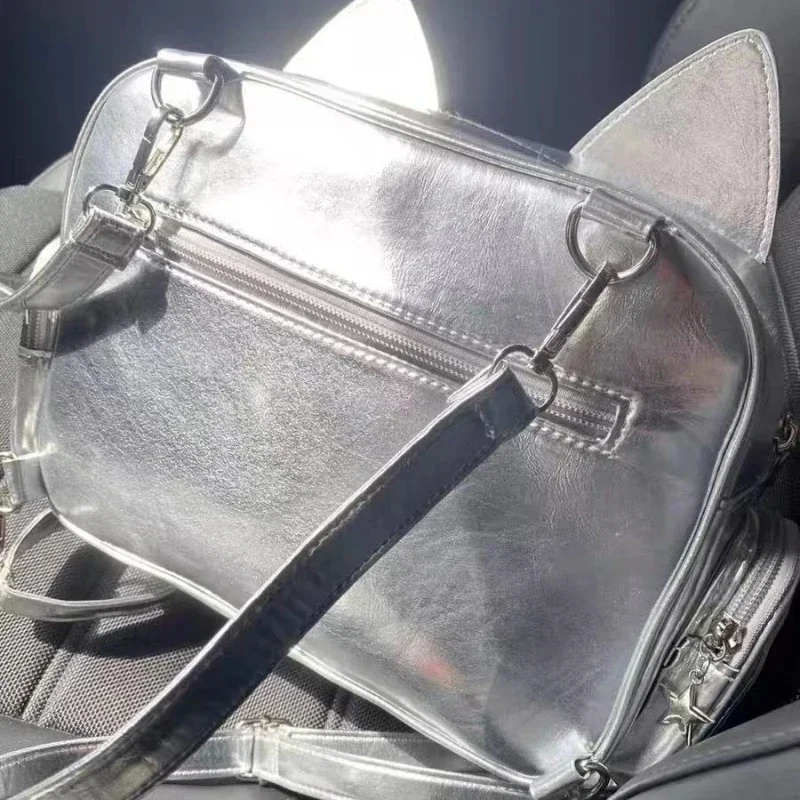 Y2k Silver Backpacks for Women Cute Cat Transparent Shoulder Bag Fashion Designer Bag Large Capacity Crossbody School Backpack